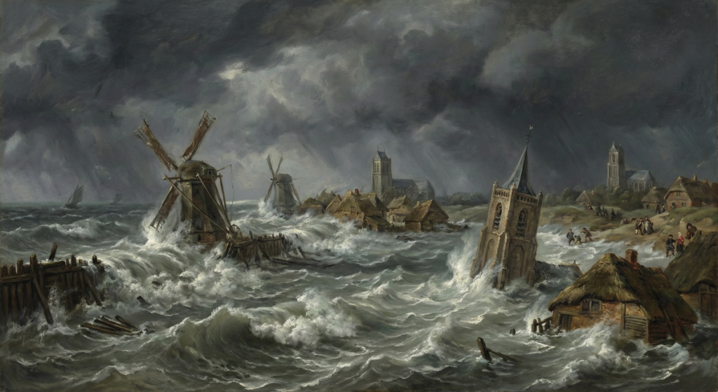 A massive storm surge hitting the coast of the Netherlands in 1530