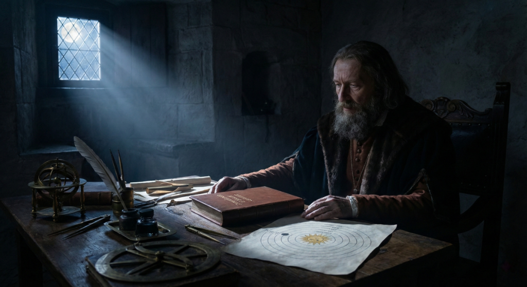 At night in Poland, 1530. Nicolaus Copernicus