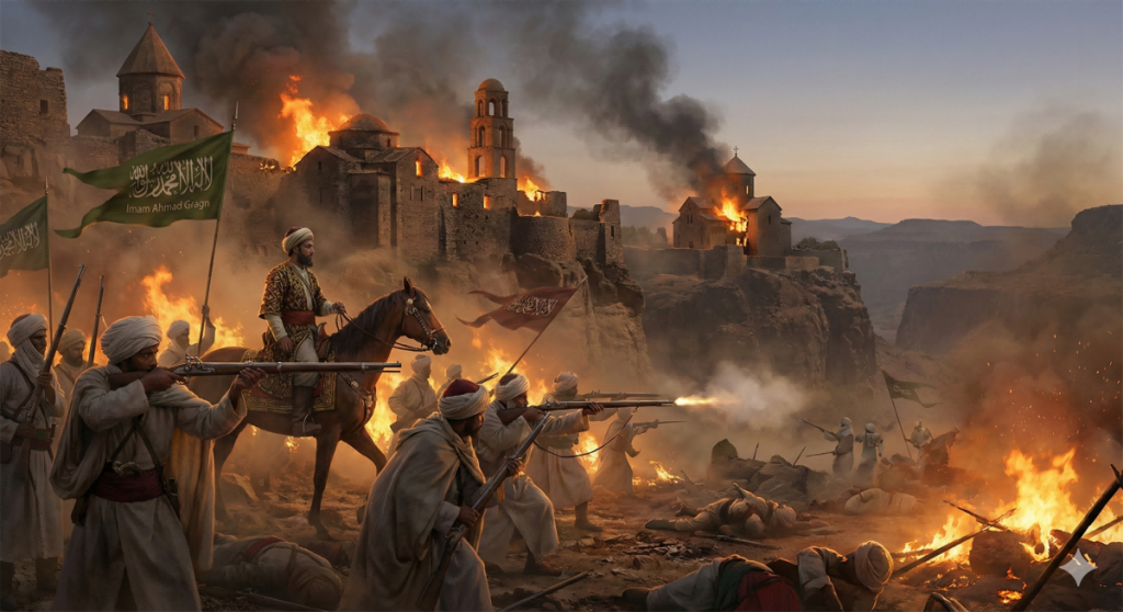 Battle scene in the Ethiopian highlands