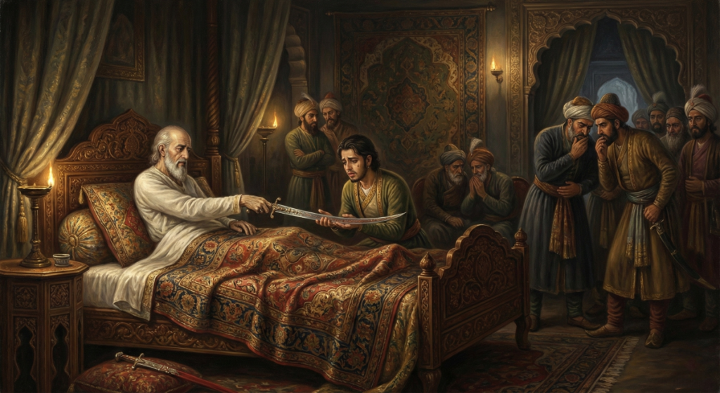 Emperor Babur lies weak on a deathbed