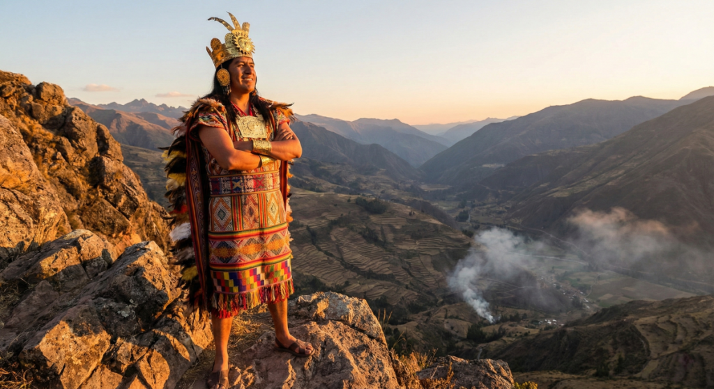 Inca Emperor Atahualpa standing the high Andes mountains