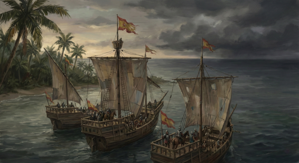 Spanish carracks departing a tropical port in Panama